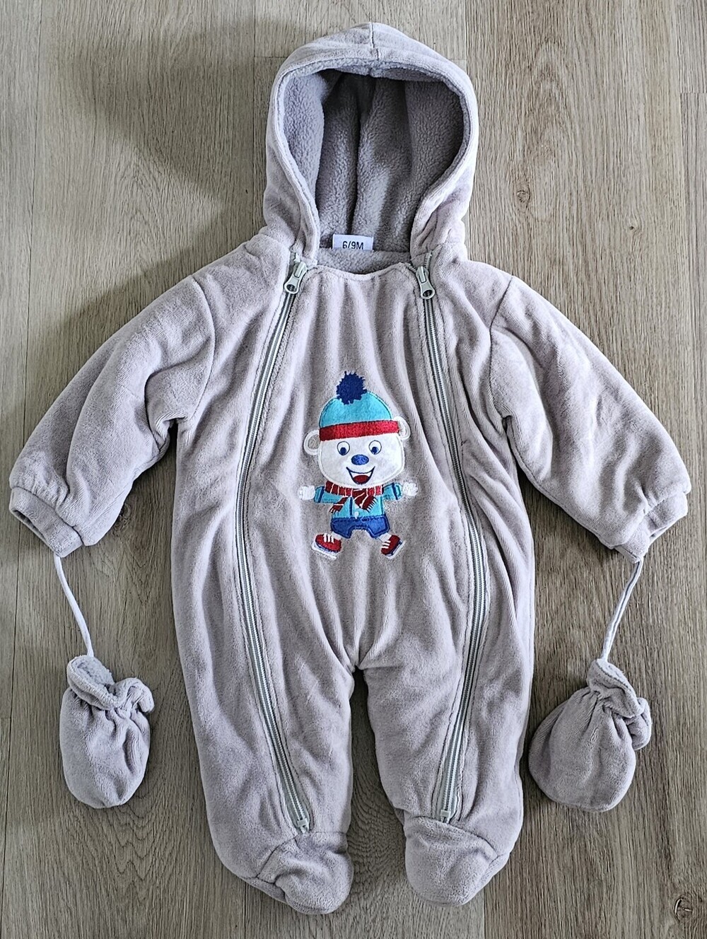 Sweet & Soft Baby Boys Fleece Snowsuit Bunting Gray Hooded Mittens 6-9 Months